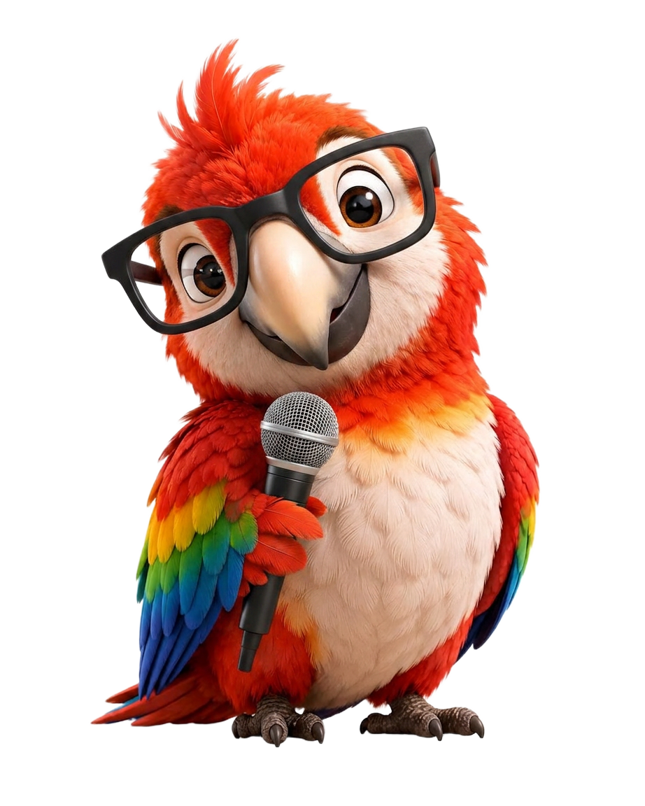 Zazu parrot mascot holding a microphone